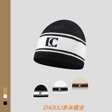 2025新款加厚羊毛针织帽子女小香风黑白LC字母护耳冷帽毛线帽男