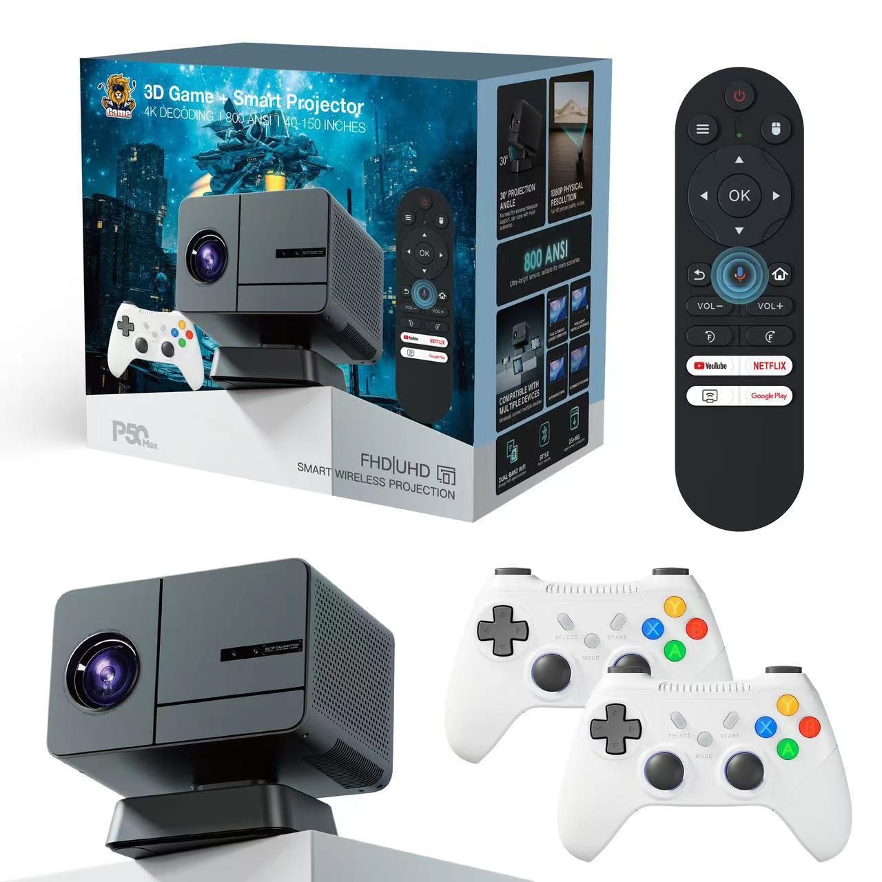 Cross-Border Hot-Selling Product 1080P Resolution P50Max Gaming Projector 800 Lumens 4K High-Definition Home Projector