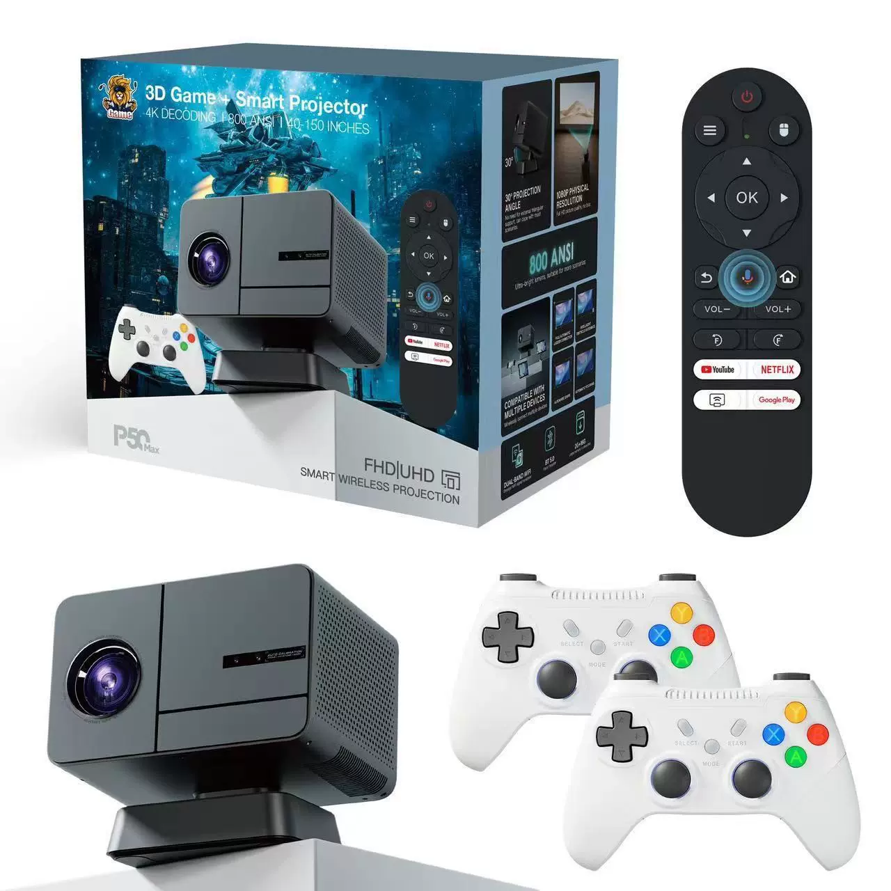 跨境爆品1080P分辨率P50MAX游戏款投影仪800流明4K高清家用投影仪