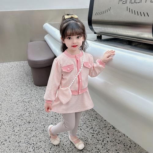Girls' Autumn Korean Cute Little Fragrance Wind Bags, Small Check Cardigans, Sweet Dresses, Three-Piece Sets