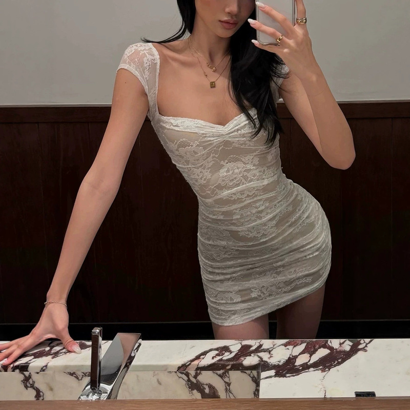 Rovente Misty Curve White Lace Short Dress with Small Flying Sleeves, Summer Hot Girl Sexy Tight Dress