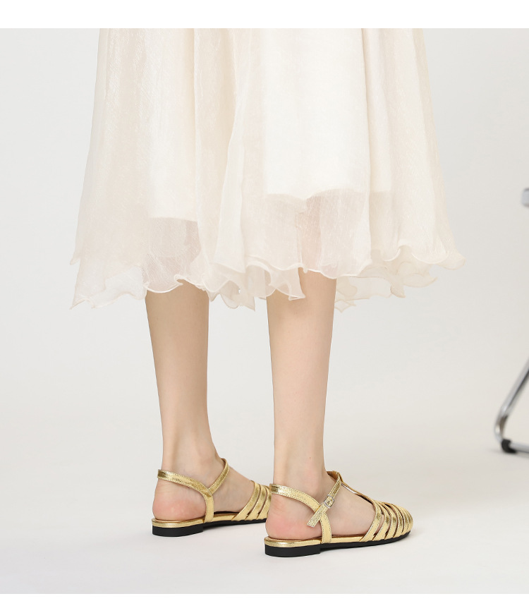 Metallic Shiny Roman Sandals For Women, Summer Fashion Closed-Toe Flat Shoes With Single Strap And Hollow Design,_desvips.com