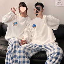 情侣睡衣女秋冬季加厚加绒圆领珊瑚绒可外穿保暖家居服两件套套装