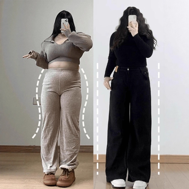 Plus-Size Pear-Shaped Body Pants for Women, High-Waisted Loose Straight-Leg Pants, Black Wide-Leg Jeans, Women's Fashion Outfit