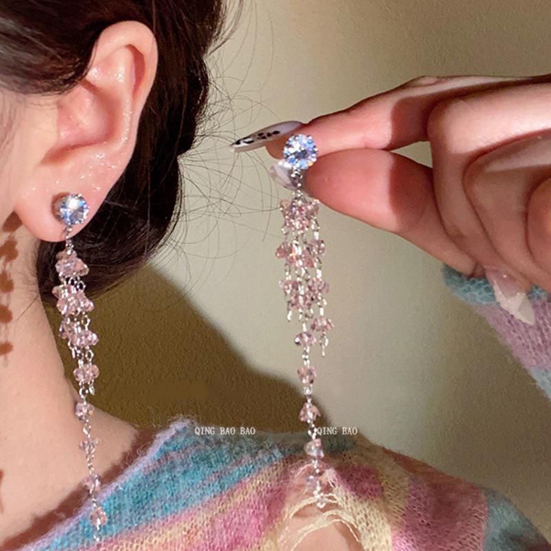 Korean Style Sweet and Gentle Earrings Long Diamond-Encrusted Crystal Tassel Earrings High-End Accessible Luxury Earrings for Women