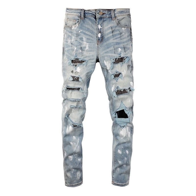 Men's Clothing Diamond Hole Jeans High Street Black Basic Hole Tight Stretch Jeans Trousers_voghion.com
