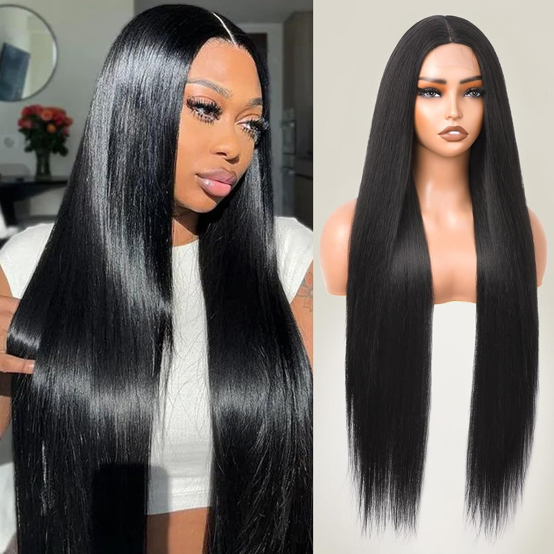 Cross-Border Wig for Women 32inch Black Long Straight Hair Wig with Middle Parting Style High Temperature Silk Chemical Fiber Synthetic Wig