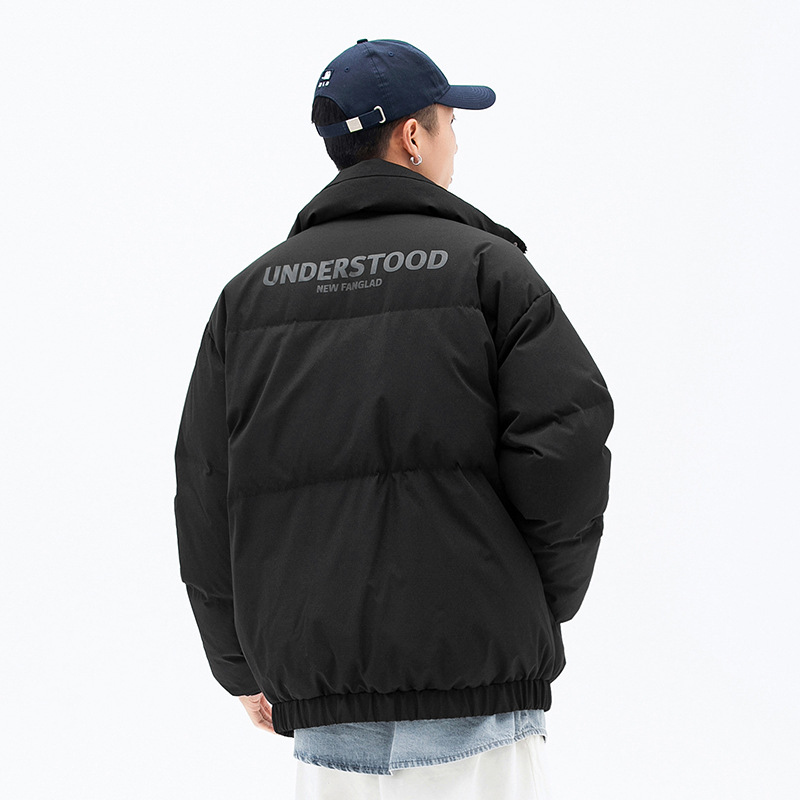 Chaqueta acolchada estilo coreano y japonés para hombre, invierno 2024, nueva, estilo panadero, versátil, moderna, con cuello alto, estampada, de algodón.