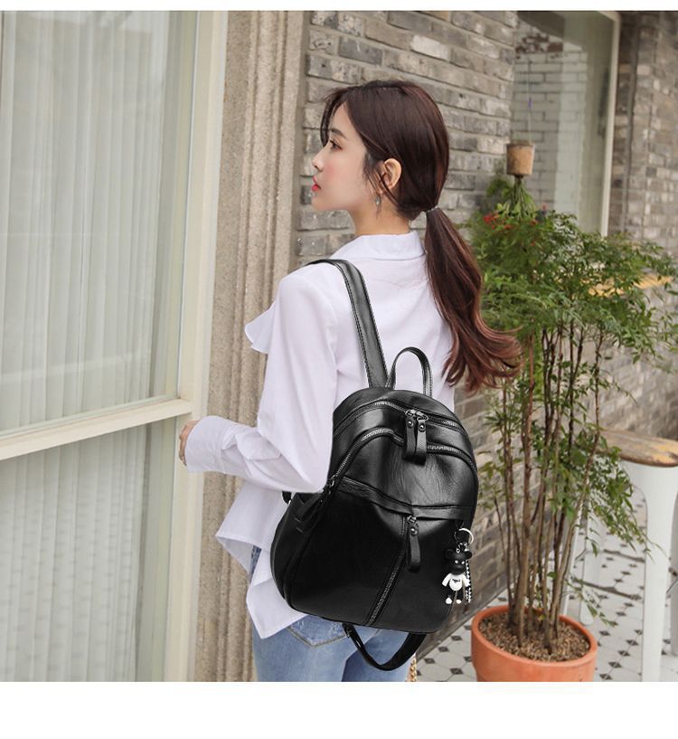 Women's Backpack Korean Style Fashionable PU Soft Leather Trendy Bag Simple Black Casual Backpack Single Shoulder Crossbody Bag