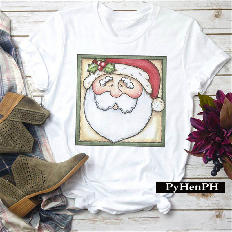 Funny Santa Claus Christmas T-shirt Women's Western Style Christmas Element Party Activity Top Men's and Women's Couple Dress