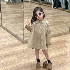 童裝女童風衣2024春裝新款衣服裙擺式中長款卡其色風衣外套潮