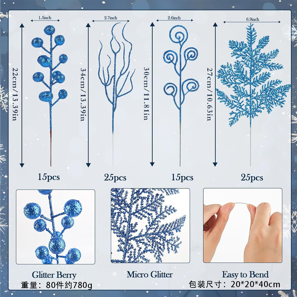 80 piezas de combinación de Navidad simulación flash hoja de polvo hecha a mano diiy accesorios de material de guirlanda de Navidad colgante árbol de Navidad bayas