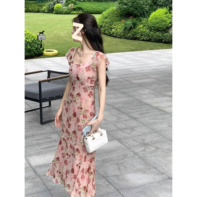 夏フレンチフレッシュスリムフィットドレス婦人服2025新しい気質海辺休暇花柄ロングスカート|undefined