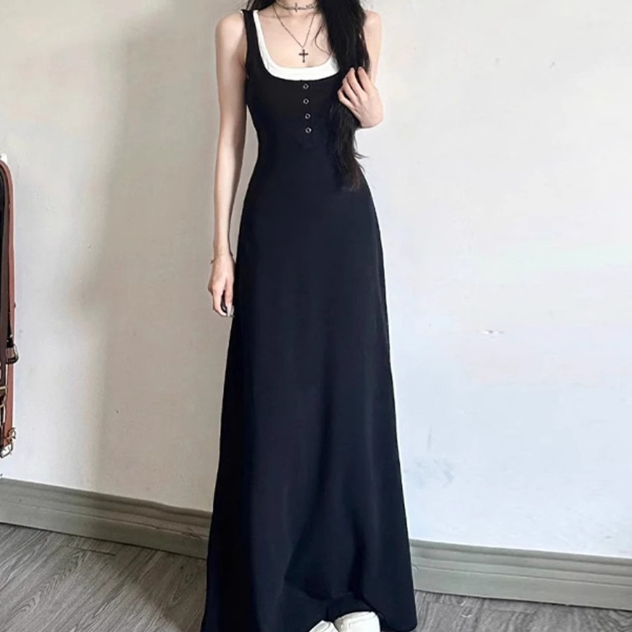 Fake Two-Piece Simple and Generous Black Sling dress Women's Summer French Hepburn Style Elegant Waisted Slim Look Long Dress
