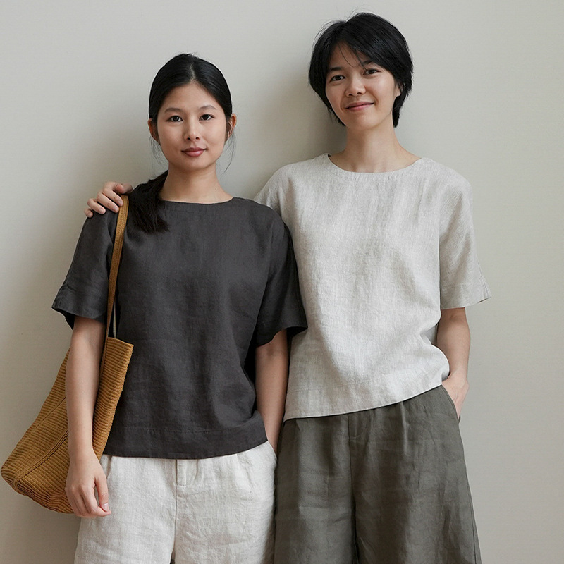 14 pieces of washed full linen women's short-sleeve loose round-neck T-shirts, casual solid color tops, summer women's clothing
