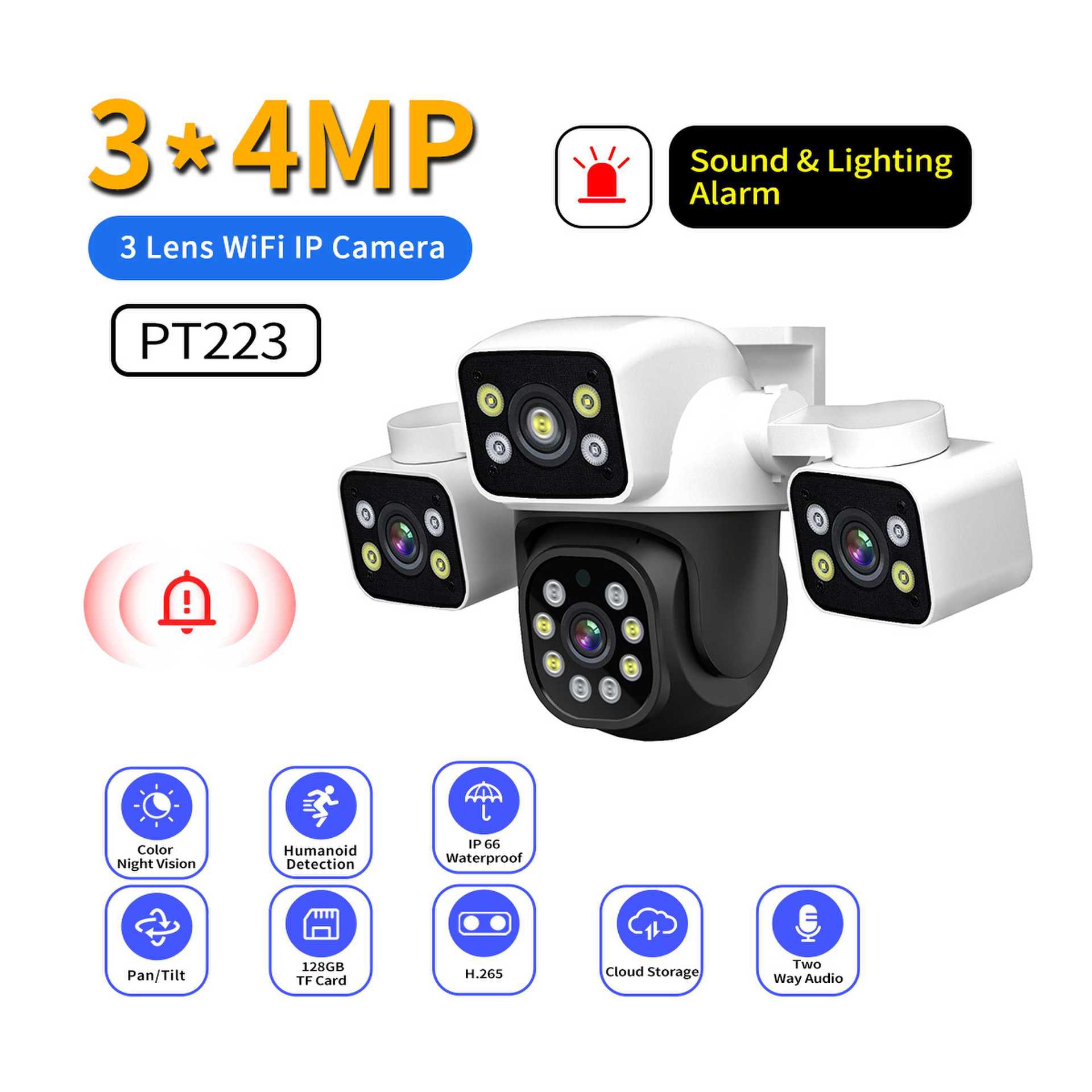 ESCAM PT223 4MP三目迷你声音灯光报警双向语音云存储wifi摄像头