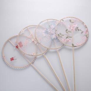 Original antique fan female costume Hanfu accessories embroidery round fan long handle tassel round fan vintage Palace fan dance