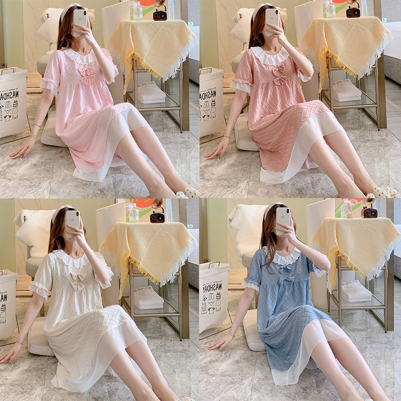 Verano mujeres camisón de encaje solapa encaje lindo estudiante jacquard dulce princesa estilo desgaste del hogar