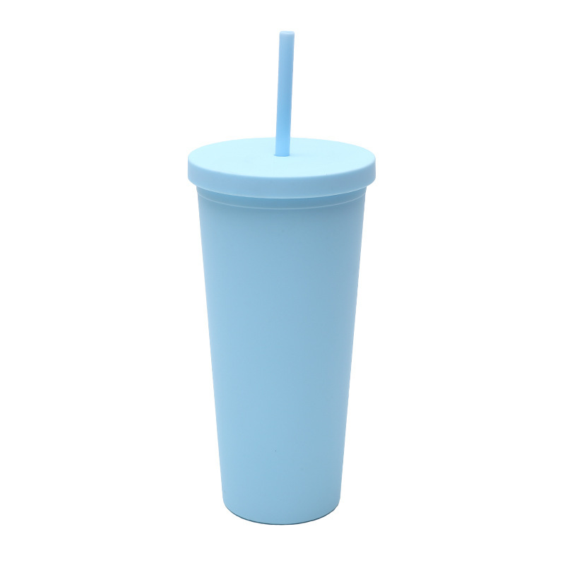 亚马逊双层塑料吸管杯  24OZ容量户外平盖随手水杯跨境专供冷饮杯|undefined