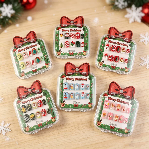 New Christmas children's wearable nails with snowflake and Christmas tree designs, detachable Christmas nail art with candy cane and gift motifs