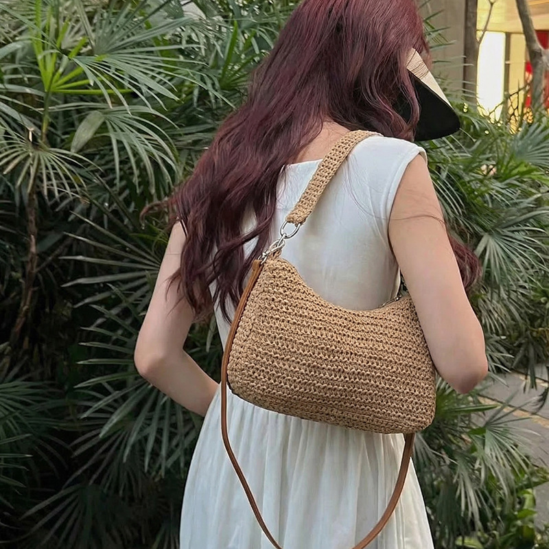 Cross-Border Spring Hand-Woven Crescent Bag For Women 2026 New Single Shoulder Crossbody Straw Bag Beach Vacation Bag - Thumbnail 4