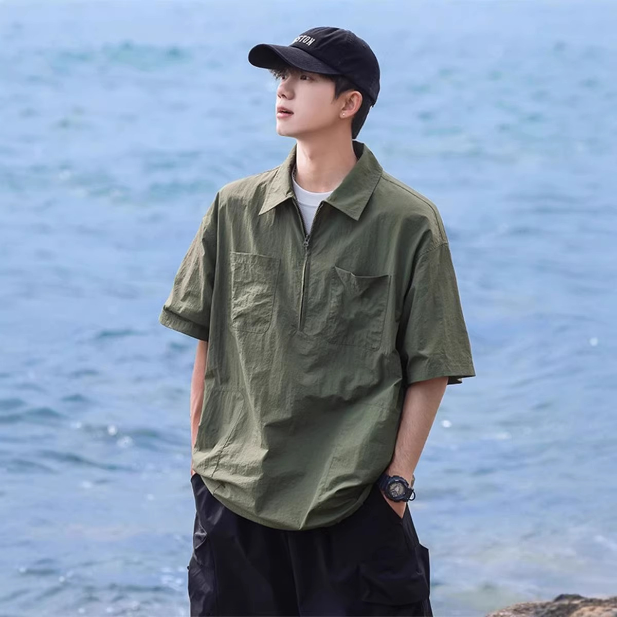 Half-Zipper Short-Sleeved Shirt Men's Summer Trendy Brand Trendy Japanese Style Workwear Half-Sleeved Casual Lapel Polo Shirt