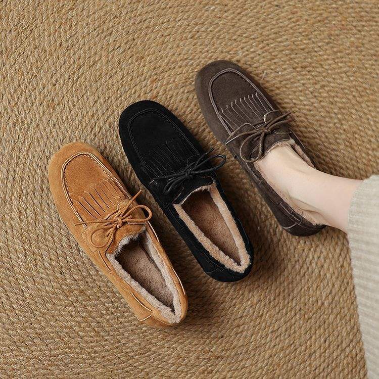 소프트! 빈티지 라운드 발가락 플랫 기모 로퍼 여성 정품 가죽 따뜻한 두꺼운 벨벳 싱글 레이어 신발 여성용 깊은 입 푹신한 신발