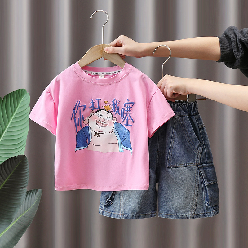 7278 Traje de verano para niños 2025 Nueva camiseta de manga corta con estampado fino de verano para niños de dos piezas de verano