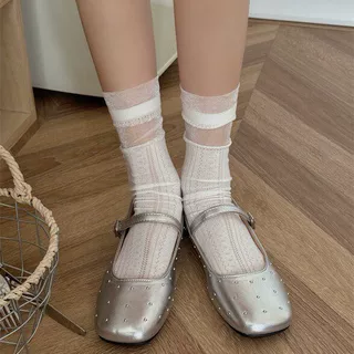韩系拼接卡丝镂空网眼中筒袜子女ins芭蕾风纯色甜美花边堆堆棉袜