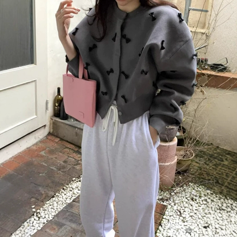 Корейский шикарный осенне-зимний французский стиль, уменьшающий возраст, универсальный вязаный кардиган с бантом, теплый свитер с длинными рукавами для женщин