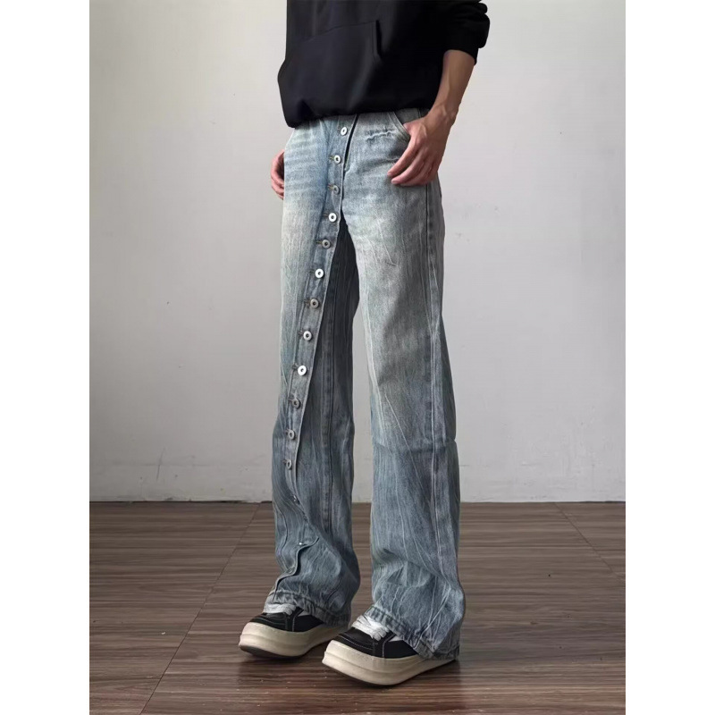 Stylish diagonal button-front washed denim jeans for men, spring season, high-end feel, loose straight wide-leg curved flare pants Stylish diagonal button-front washed denim jeans for men, spring season, high-end feel, loose straight wide-leg curved flare pants