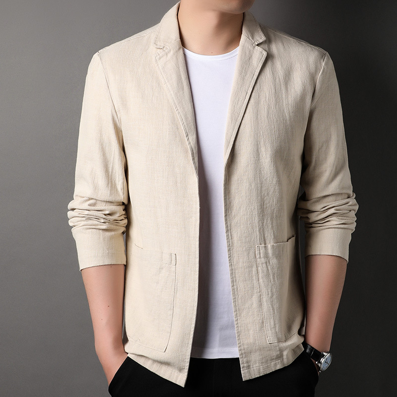 Young Men's Ramie Jacket 2023 Spring and Autumn New Fashion Korean Style Solid Color Cotton-Linen Loose Trendy Suit Cardigan