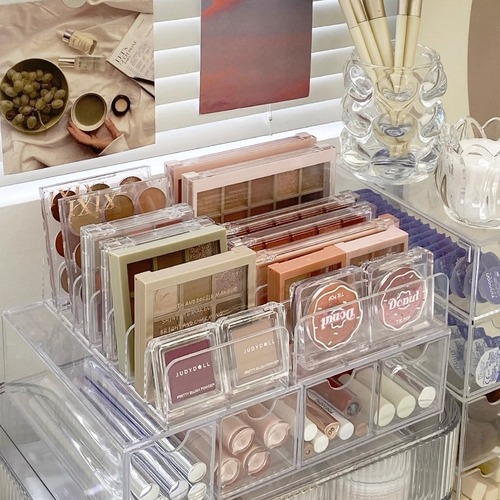 Transparent eyeshadow palette storage rack, compact powder storage box, desktop drawer organizer, compartmentalized makeup lip cosmetics storage rack