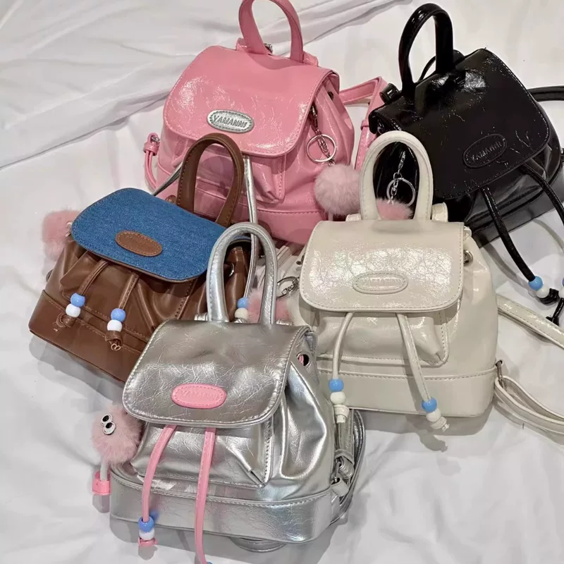 Mini backpack, retro denim summer style, plush bear charm, cute decorative bag
