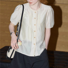 库恩玛维法式氛围感杏色短袖衬衫女2025夏新款温柔气质莱赛尔小衫