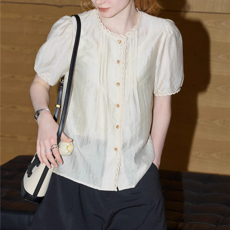 库恩玛维法式氛围感杏色短袖衬衫女2025夏新款温柔气质莱赛尔小衫|undefined