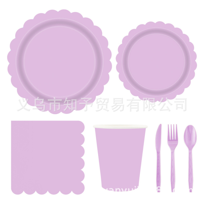 新品モノクロ紫レースパーティー装飾食器シンプル純色紙皿紙コップティッシュナイフフォークスプーン|undefined