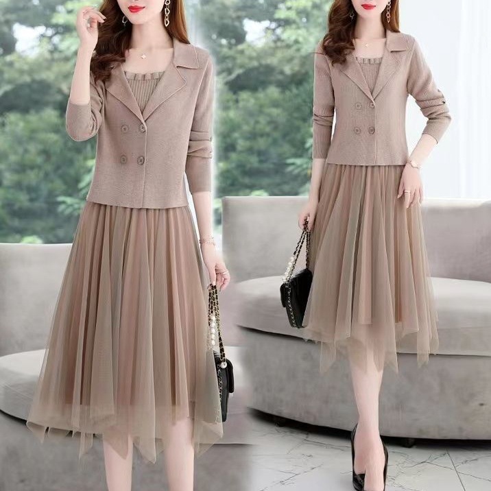 Knitted Suit Dress Two-Piece Set New Style Women's Fashion Elegant and Stylish Mid-Length Skirt for Spring, Autumn, and Winter