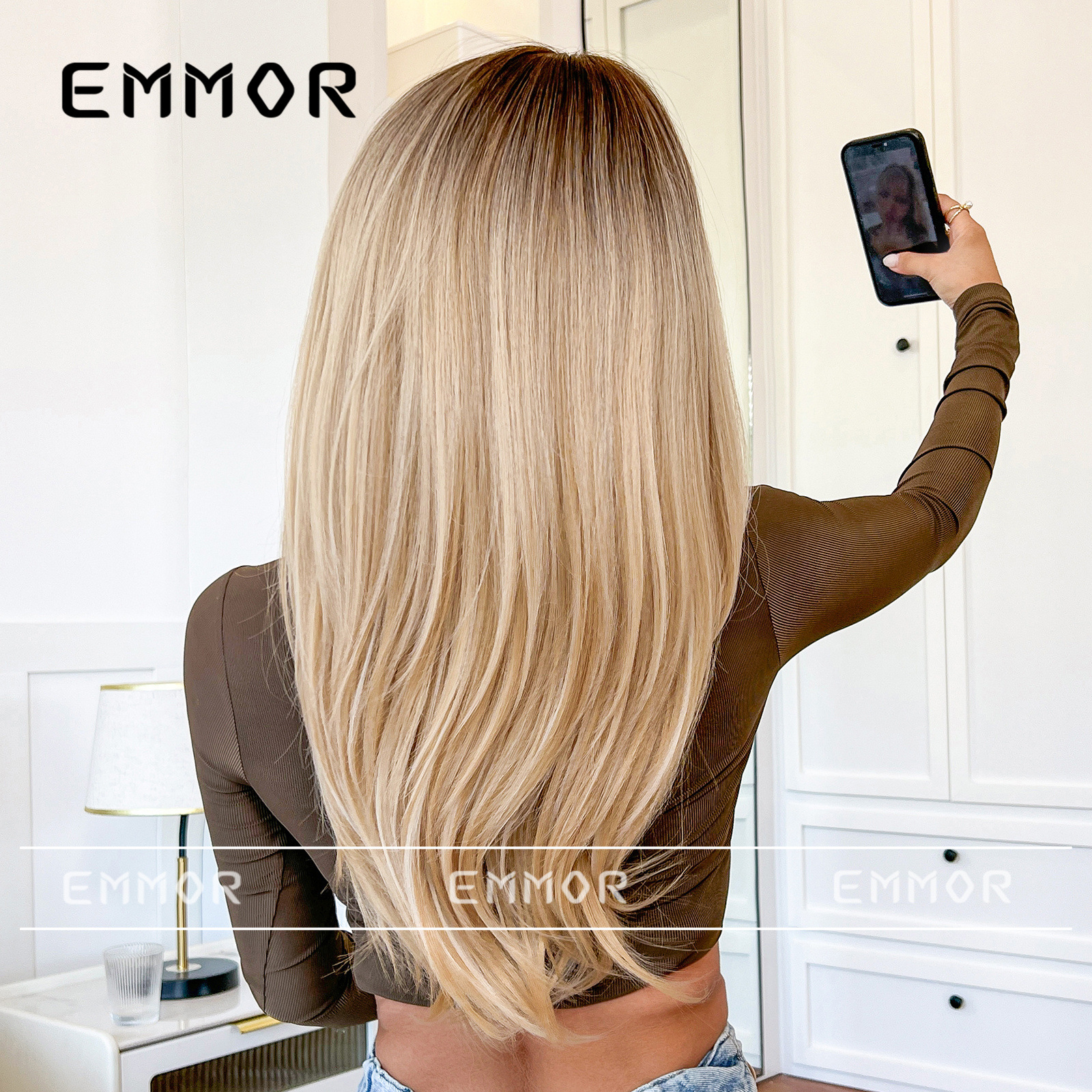 Peluca de venta caliente transfronteriza de Amazon, marrón degradado femenino, cabello largo y rizado con flequillo, juego de peluca de moda de celebridades de Internet europeas y americanas