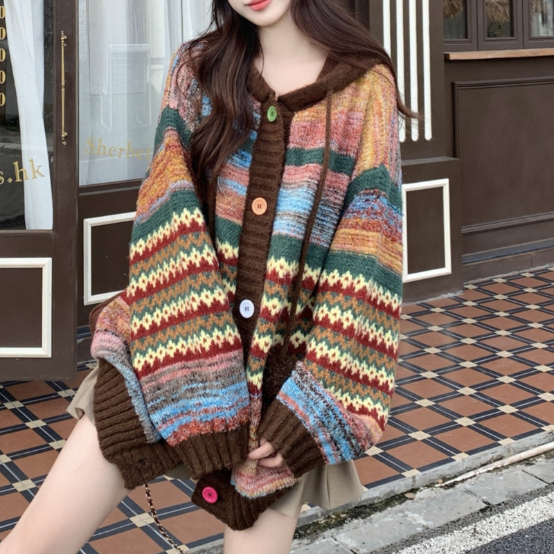 Retro Contrast Color Striped Hooded Sweater Tops Women's 2025 Autumn and Winter Fat mm Covering Flesh and Slimming Knitted Cardigan Top