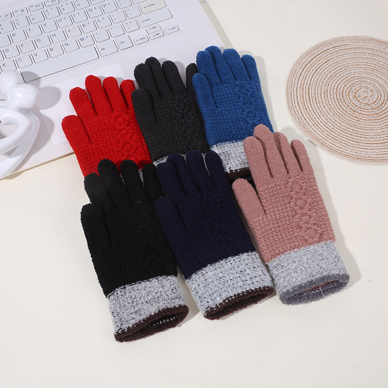Thickened Anti-Slip Color-Blocked Gloves, Winter Fleece-Lined Outdoor Cycling Typing Gloves, Children's Warm Knitted Gloves
