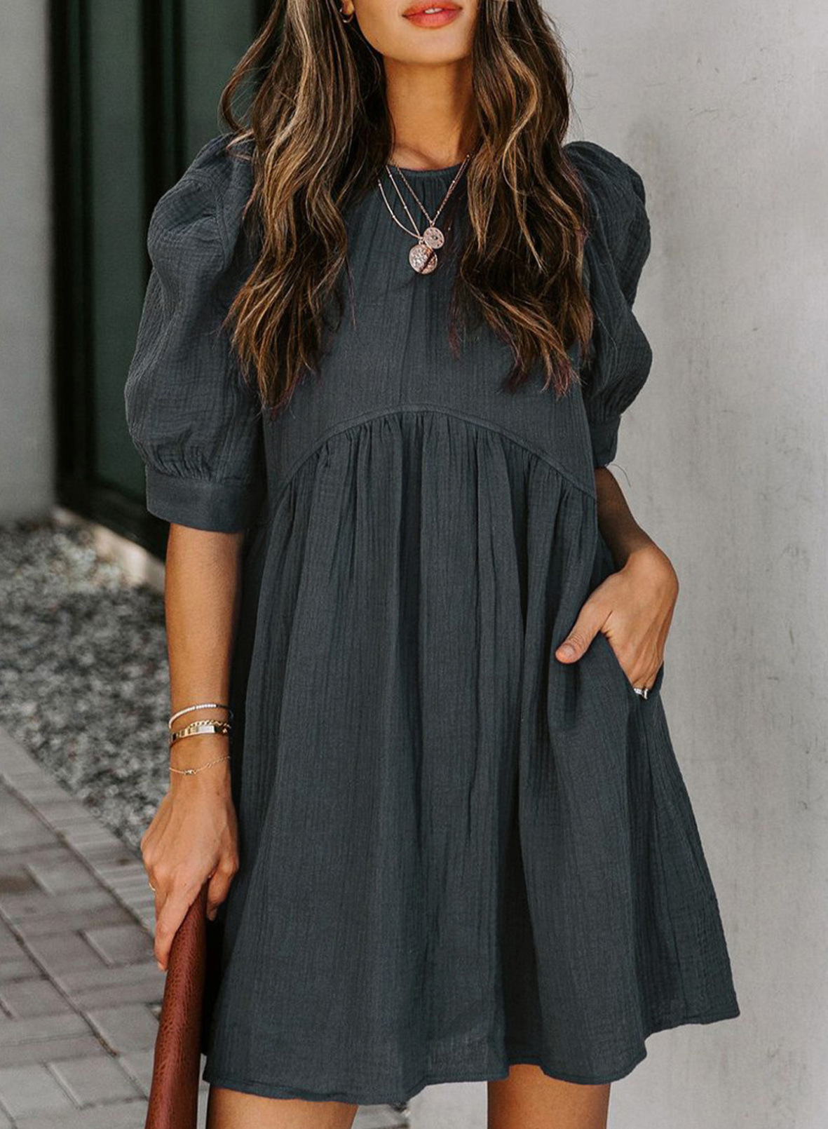 Women Plain Color Puff Sleeve Pleated Wholesale Swing Dresses With