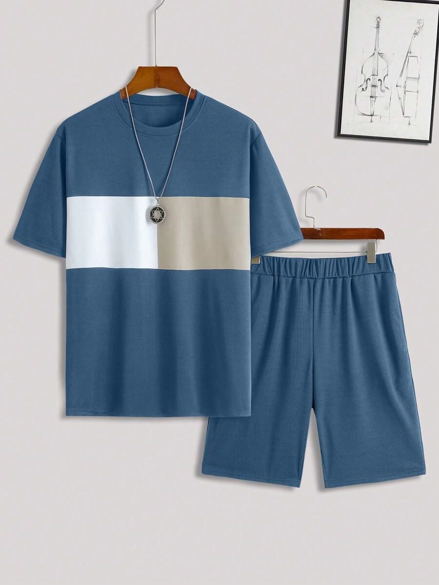 Traje de hombre con estampado digital 3D a rayas en contraste, camiseta, traje deportivo para hombre, cuello redondo, pantalones cortos con cordón de manga corta