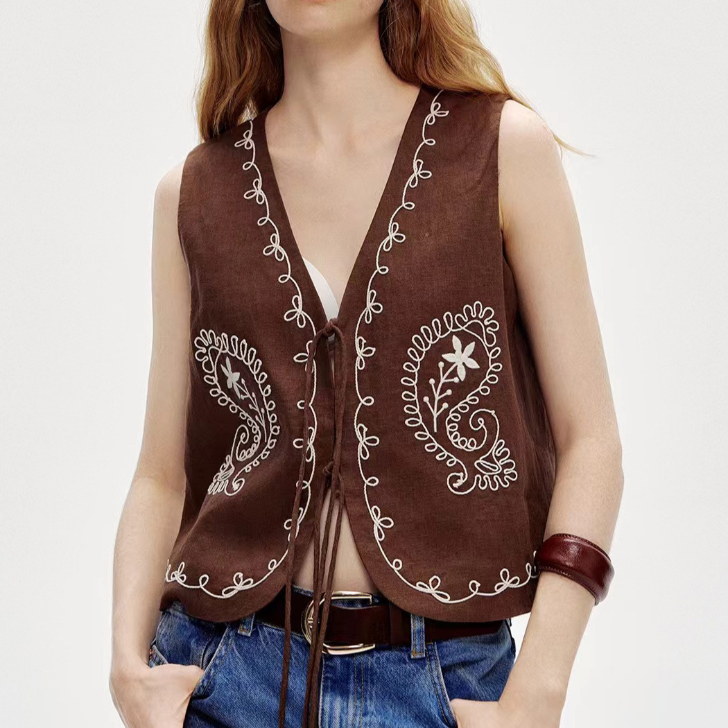Ready Stock Heavy-Duty Three-Dimensional Embroidery Summer Fashionable and Stylish Natural Breathable Linen-Like Elegant V-Neck Vest for Women