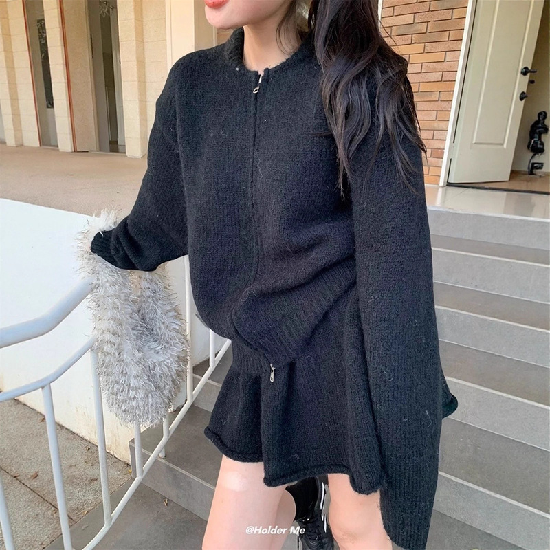 慵懒风毛衣套装女秋冬气质穿搭针织毛衣＋针织半身裙温柔风两件套|undefined