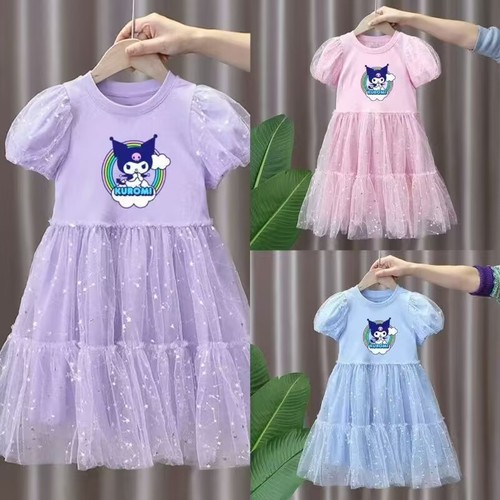 Summer princess dress for girls, children bubble sleeve chiffon dress, Kuromi dress for girls, A-line medium-length dress
