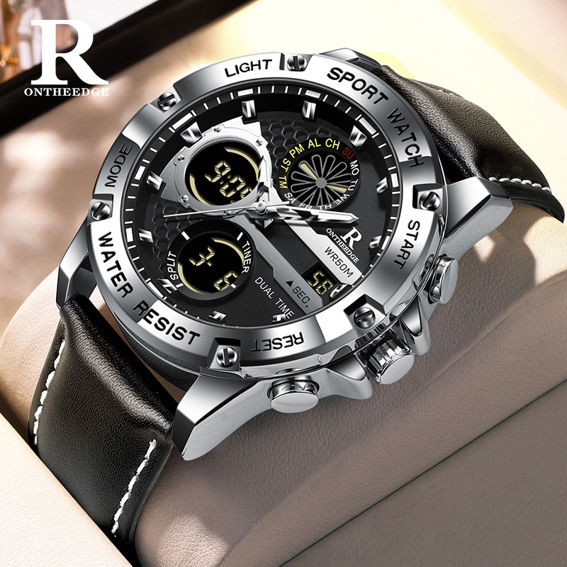 跨境新款多功能双显圆盘腕表男士真皮石英表学生潮流防水电子手表