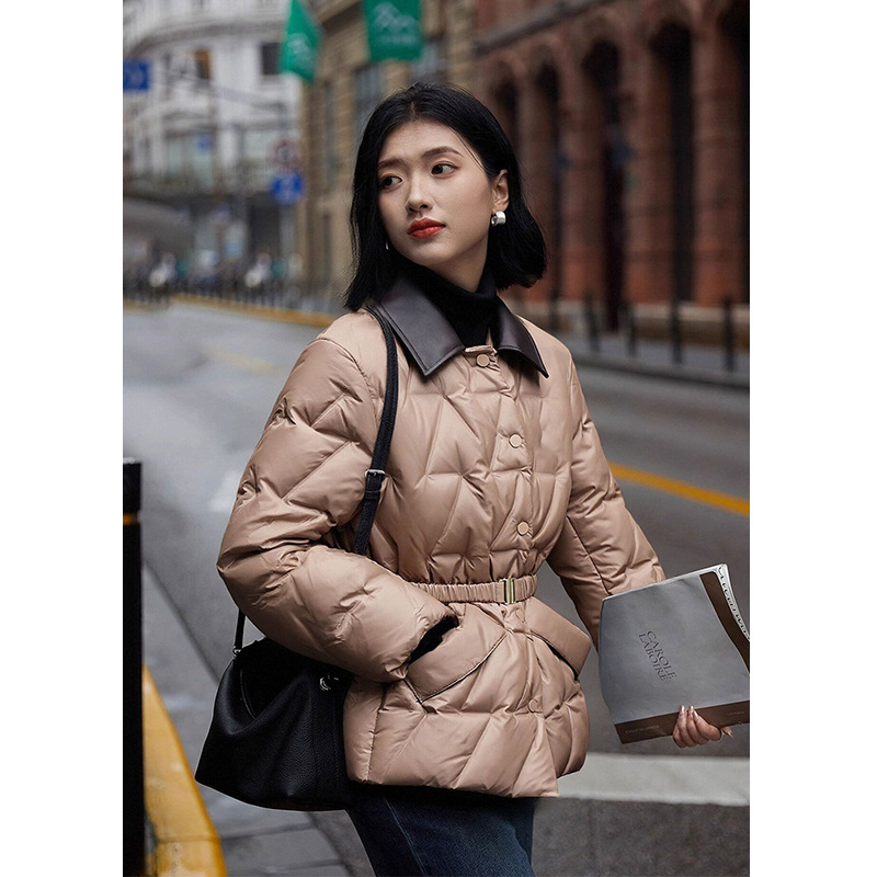 [Lr Order] 85% Goose down Leather Collar Long-Sleeve Quilted down Jacket for Women, High-End, Stylish, Warm Winter Coat