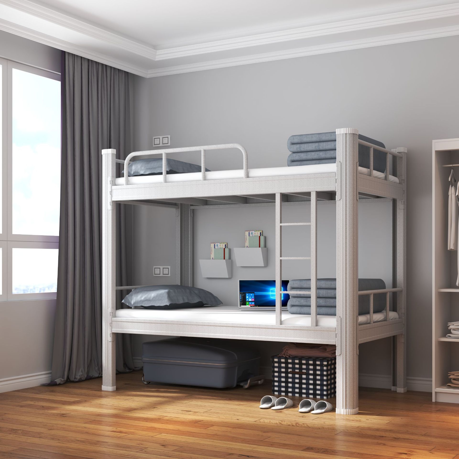 Cama de hierro de doble capa simple cama superior e inferior cama de dormitorio personal Estudiante cama alta y baja sitio de construcción cama de hierro cama superior e inferior estante de cama