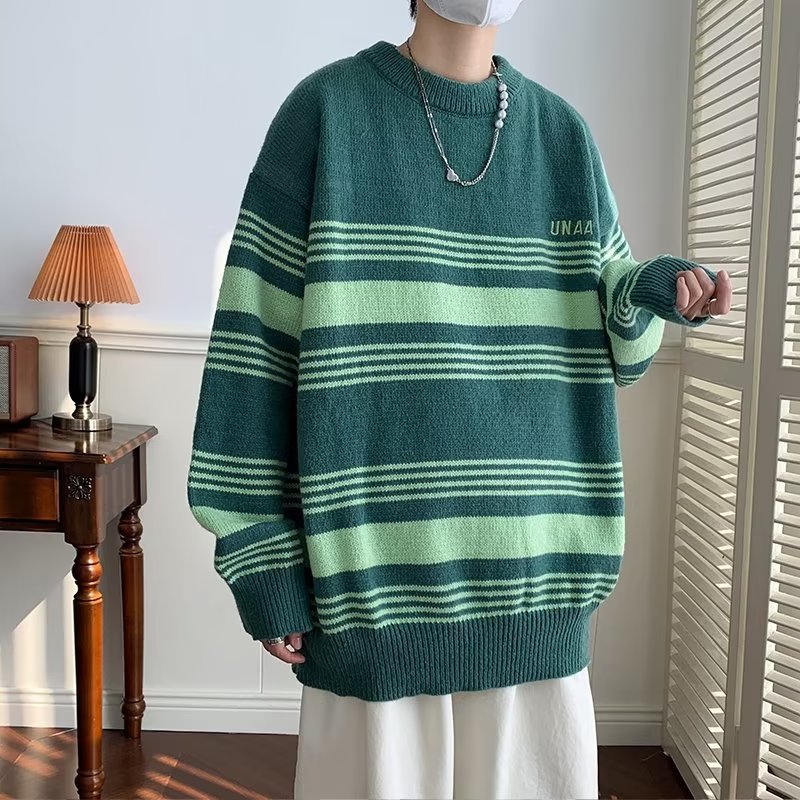 Suéter a rayas de moda en blanco y negro retro japonés de estilo perezoso, hombres y mujeres, sentido del diseño de otoño e invierno, suéter de punto de nicho